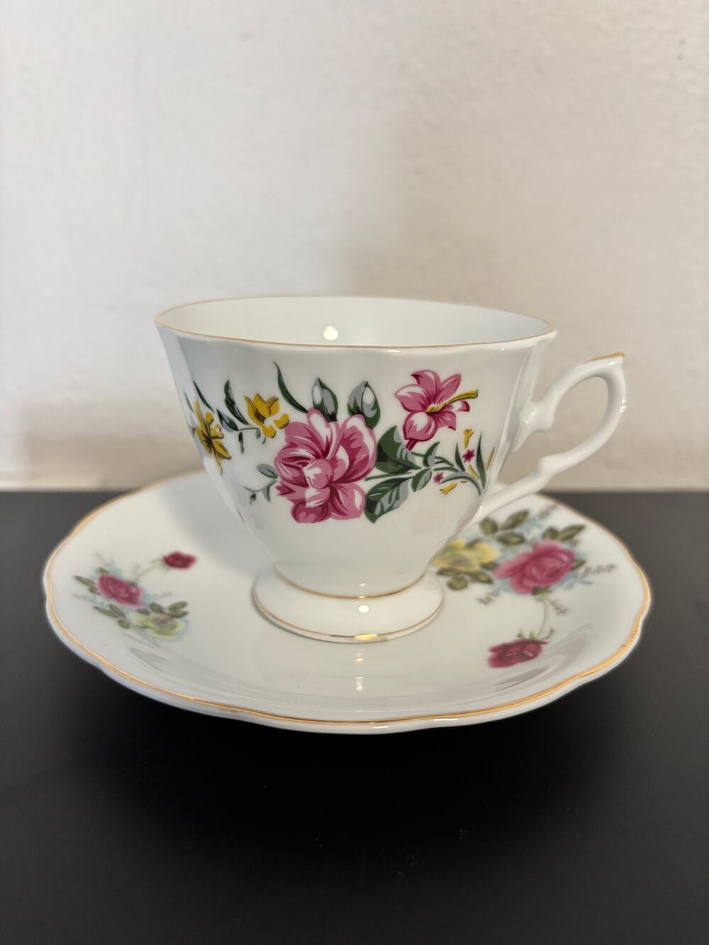 Vintage Bone China Cup & Saucer Pink Yellow Saucer